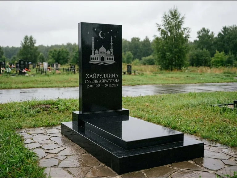 Мусульманский памятник с гравировкой мечети: ступенчатая двухуровневая стела — гравировка мечети под полумесяцем и звёздами, каменная дорожка из плитняка, работа «Хайруллина» в Новосибирске
