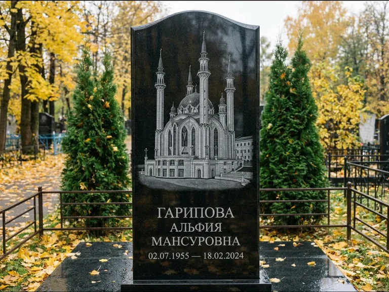 Мусульманский памятник с гравировкой мечети — мечеть Кул-Шариф на обороте стелы, работа «Гарипова» в Новосибирске