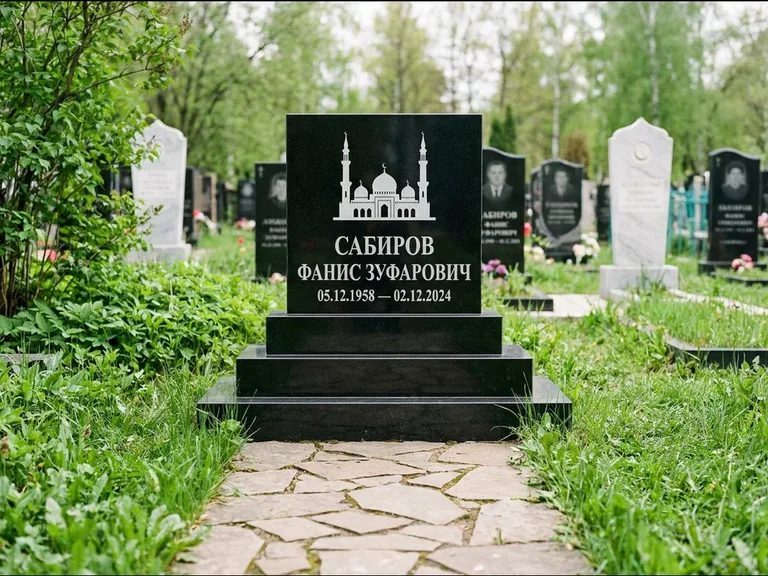 Мусульманский памятник с гравировкой мечети: ступенчатая трёхуровневая стела — золочёная гравировка мечети, дорожка из природного плитняка, работа «Юсупов» в Новосибирске