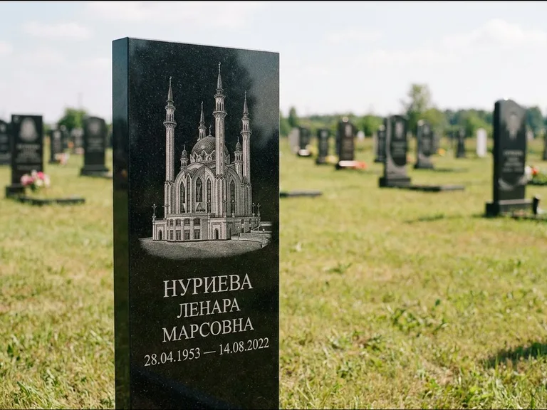 Мусульманский памятник с гравировкой мечети: узкая вертикальная стела-пилон — гравировка мечети в михраб-арке с орнаментом, открытая лужайка без ограды, работа «Хайруллина» в Новосибирске