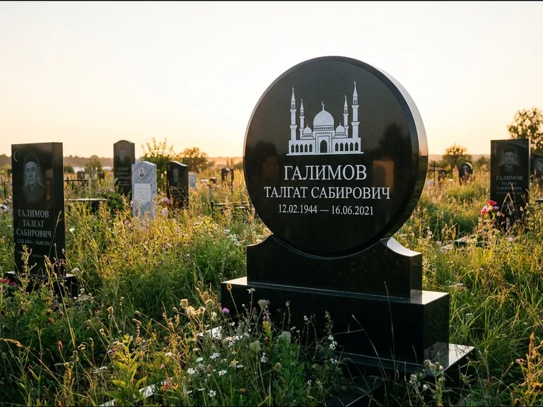 Мусульманский памятник с гравировкой мечети: округлая стела-медальон на тумбе — гравировка мечети в михраб-арке с орнаментом, луговые травы и полевые цветы, работа «Каримов» в Новосибирске