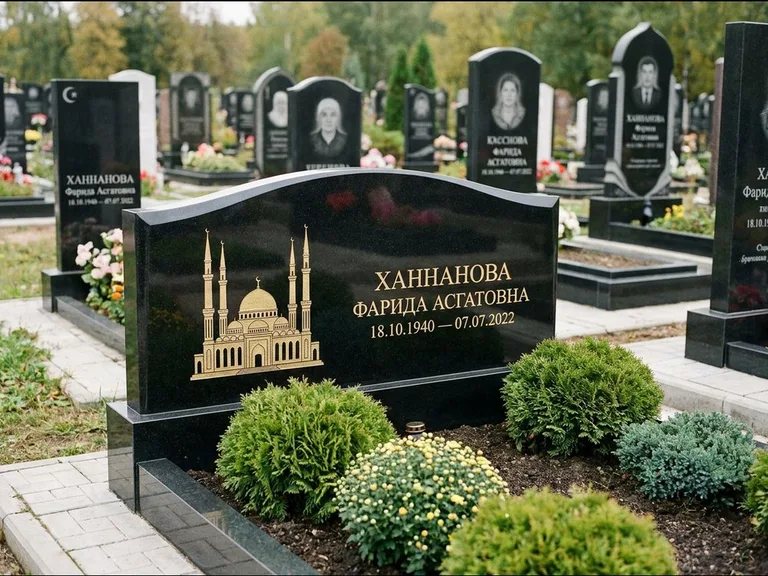 Мусульманский памятник с гравировкой мечети: вытянутая горизонтальная семейная стела с аркой — белая гравировка силуэта мечети с минаретами, участок с декоративными кустами, работа «Гарипова» в Новосибирске
