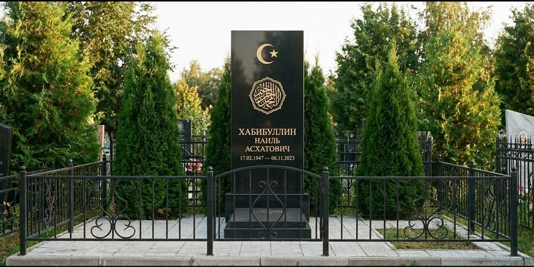 Гравировка на мусульманском памятнике в Новосибирске — стела из чёрного гранита, оформление по канонам ислама