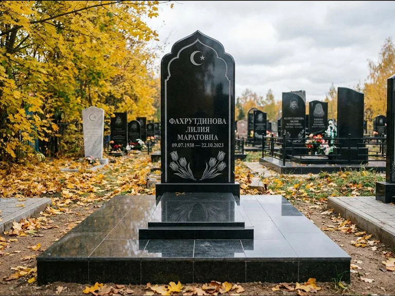 Мусульманский памятник: стела с михраб-навершием в форме арки — гравировка минарета с полумесяцем, гранитный цоколь с тёмной плиткой, работа «Фахрутдинова» в Новосибирске