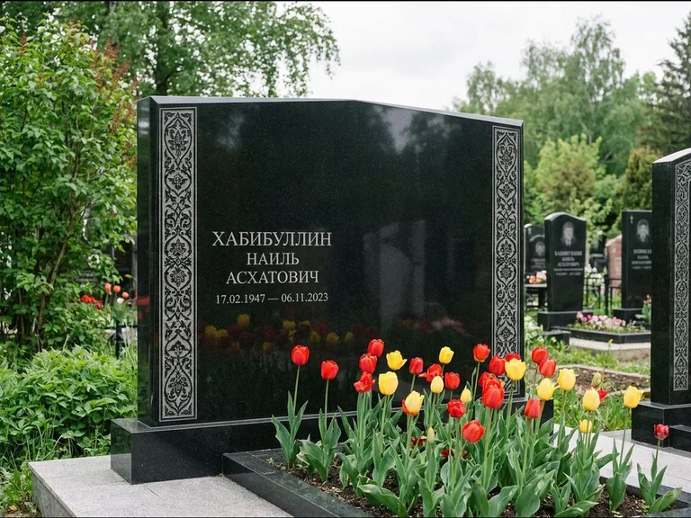 Мусульманский памятник: широкая двойная семейная стела — золочёная гравировка мечети, цветник с тюльпанами, работа «Хабибуллин» в Новосибирске