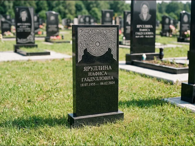 Мусульманский памятник: небольшая скромная невысокая стела — золочёная гравировка мечети, аккуратный участок с газоном, работа «Фахрутдинова» в Новосибирске