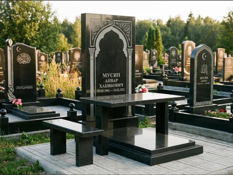 Мусульманский памятник: стела с гранитным столиком и скамьёй — гравировка мечети под полумесяцем и звёздами, семейный участок с плиткой, работа «Гимаев» в Новосибирске