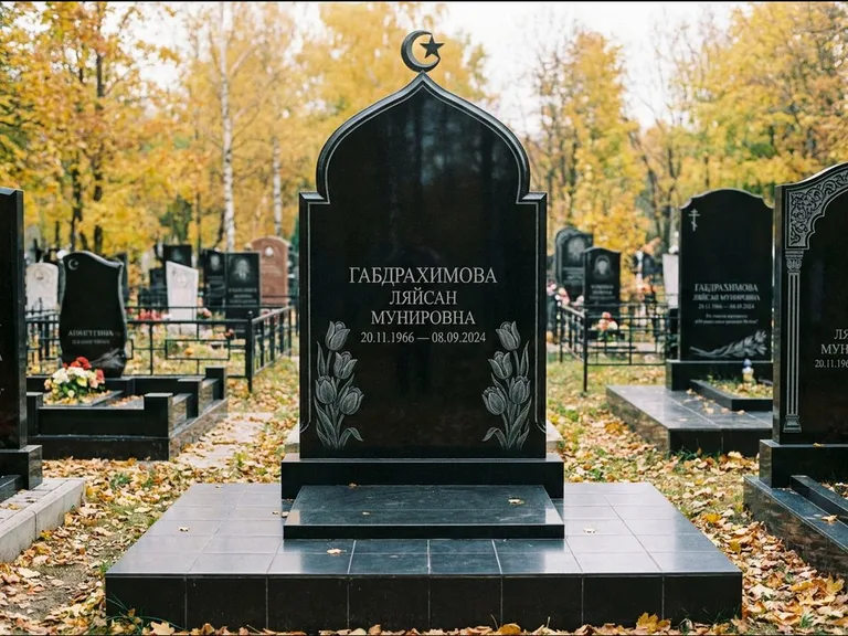 Мусульманский памятник: массивная стела с михраб-навершием — белая гравировка силуэта мечети с минаретами, цоколь тёмной плиткой, работа «Магомедова» в Новосибирске