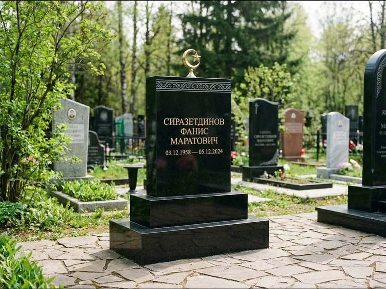 Мусульманский памятник: ступенчатая трёхуровневая стела — золочёная гравировка мечети, дорожка из природного плитняка, работа «Мустафин» в Новосибирске