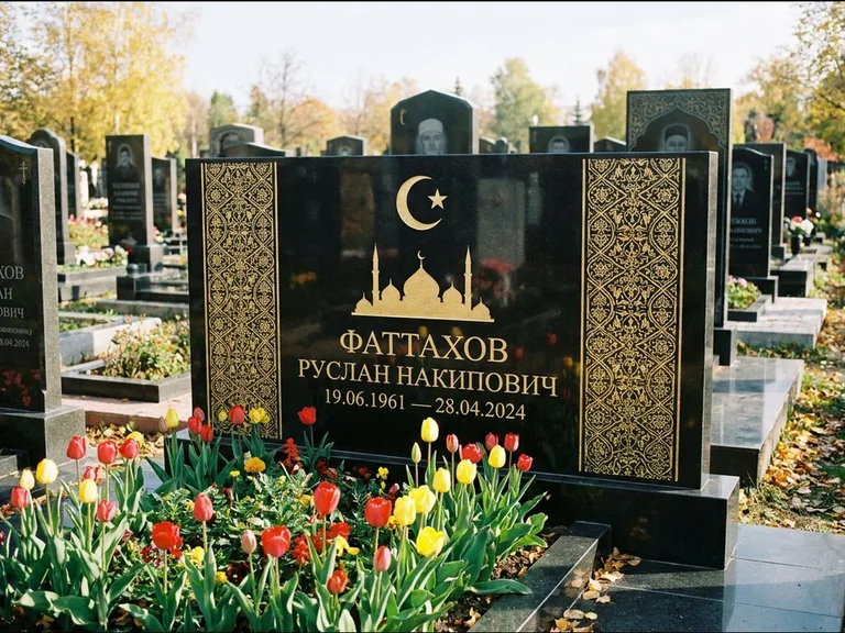 Мусульманский памятник: широкая панорамная стела с золочёным орнаментом — гравировка минарета с полумесяцем, цветник с тюльпанами, работа «Сулейманов» в Новосибирске