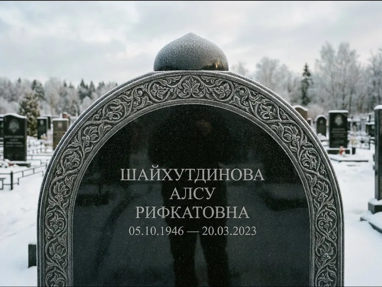 Мусульманский памятник: полукруглая стела с купольным навершием — гравировка мечети под полумесяцем и звёздами, заснеженный зимний участок, работа «Ганиева» в Новосибирске