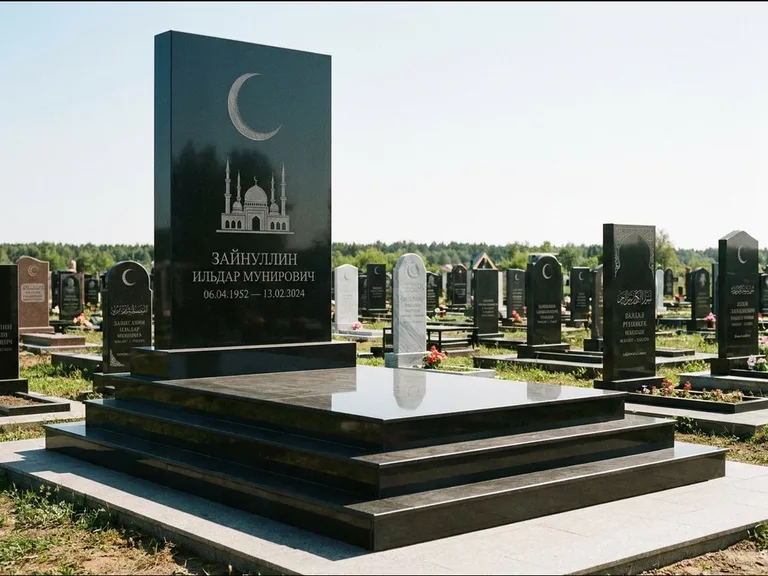 Мусульманский памятник: массивная стела на ступенчатом постаменте — гравировка мечети под полумесяцем и звёздами, гранитная площадка без ограды, работа «Хабибуллин» в Новосибирске