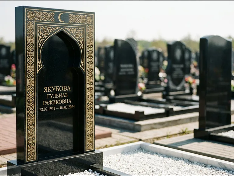 Мусульманский памятник: стела в форме михраба с глубокой нишей и золочёным орнаментом — детализированная гравировка мечети Кул-Шариф, участок с белой мраморной крошкой, работа «Мустафин» в Новосибирске