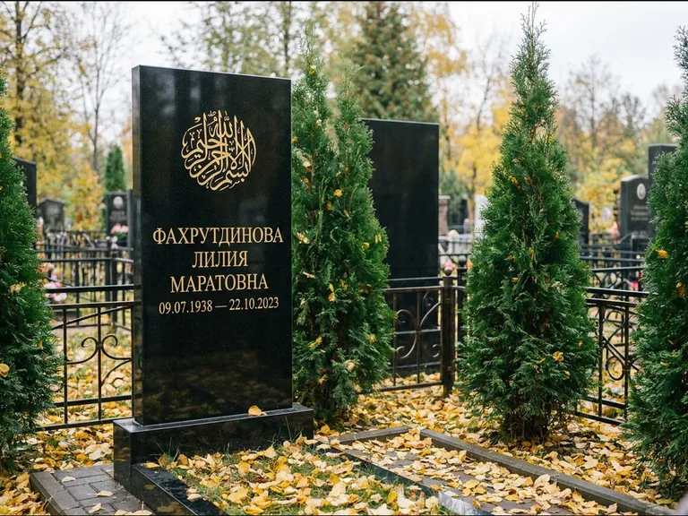 Мусульманский памятник — шахада в верхней части стелы, работа «Фахрутдинова» в Новосибирске
