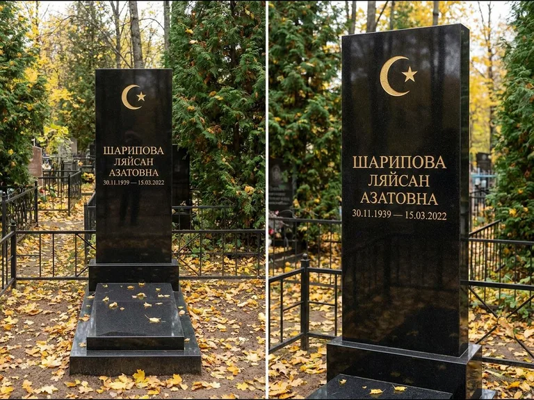 Памятник с гравировкой полумесяца — золочёная гравировка полумесяца со звездой в верхней части с, работа «Шарипова» в Новосибирске