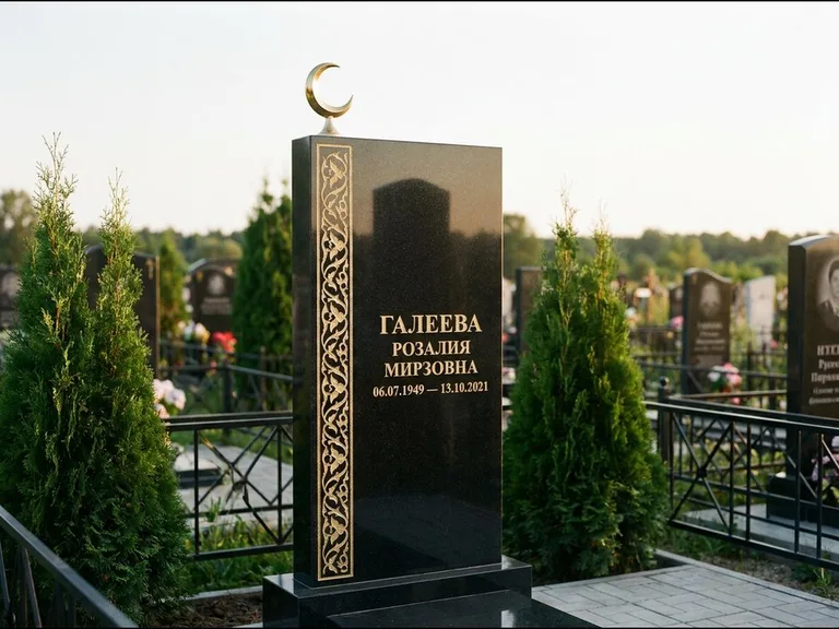 Памятник с гравировкой полумесяца — золочёный полумесяц и колонна растительного орнамента-ислими, работа «Галеева» в Новосибирске