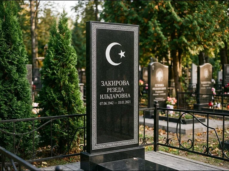 Памятник с гравировкой полумесяца — строгая белая гравировка полумесяца со звездой и орнаменталь, работа «Закирова» в Новосибирске