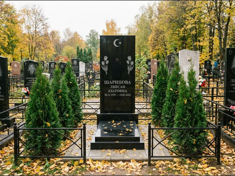 Памятник с гравировкой полумесяца — гравировка полумесяца со звездой и тюльпанами по бокам, работа «Шарипова» в Новосибирске
