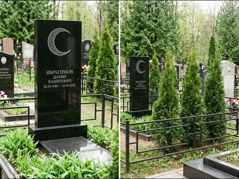 Памятник с гравировкой полумесяца — гравировка полумесяца в геометрическом орнаменте-гирихе, работа «Ибрагимов» в Новосибирске