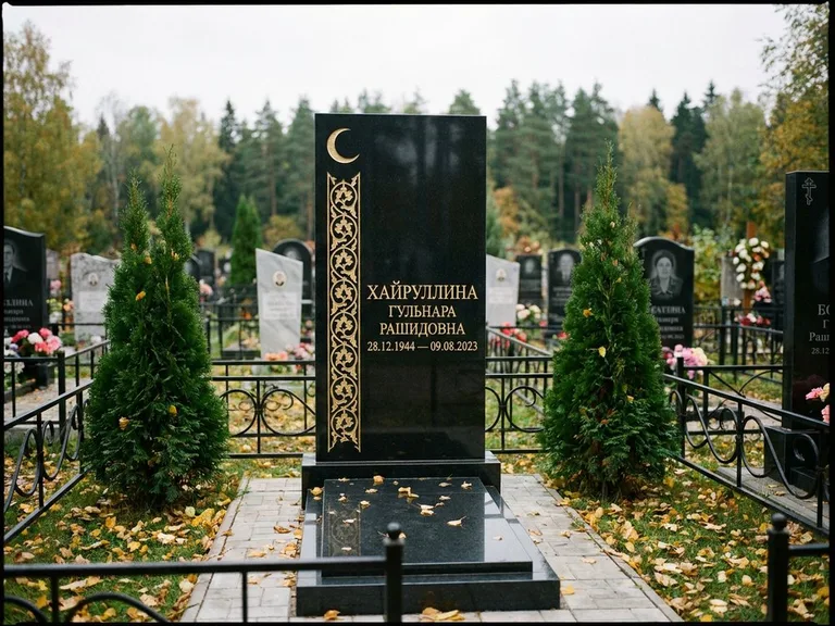 Памятник с гравировкой полумесяца — золочёный полумесяц и колонна растительного орнамента-ислими, работа «Хайруллина» в Новосибирске