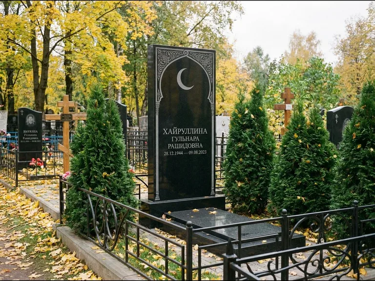 Памятник с гравировкой полумесяца — гравировка полумесяца в восточной арке с орнаментом, работа «Хайруллина» в Новосибирске