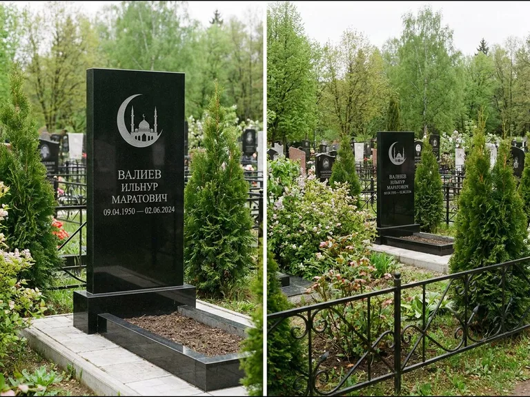 Памятник с гравировкой полумесяца — гравировка полумесяца над силуэтом мечети, работа «Валиев» в Новосибирске