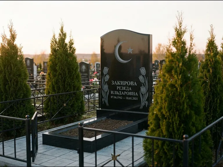 Памятник с гравировкой полумесяца — гравировка полумесяца со звездой и тюльпанами по бокам, работа «Закирова» в Новосибирске