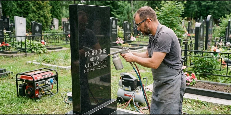 Гравировка на памятнике с выездом на кладбище в Новосибирске — мастер гравирует установленный памятник
