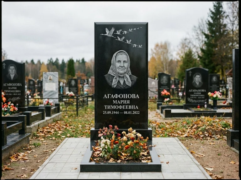 Гравировка журавлей на памятник в Новосибирске — памятник из чёрного гранита с гравировкой