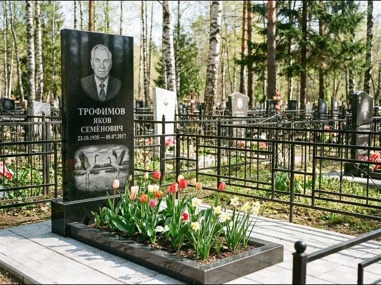 Памятник с гравировкой журавлей — гравировка пары журавлей над гладью озера в нижней части, работа «Трофимов» в Новосибирске