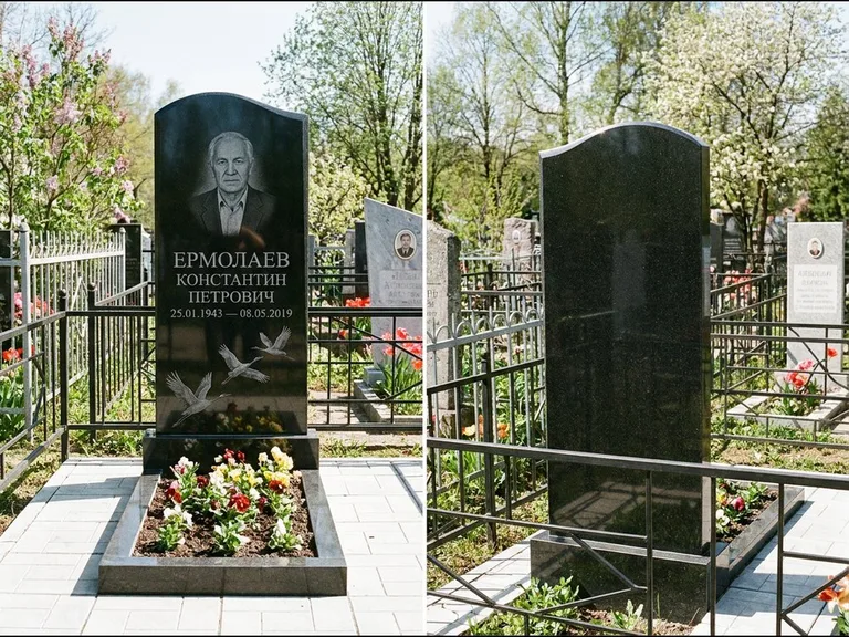 Памятник с гравировкой журавлей — гравировка трёх журавлей по диагонали через свободное поле с, работа «Ермолаев» в Новосибирске