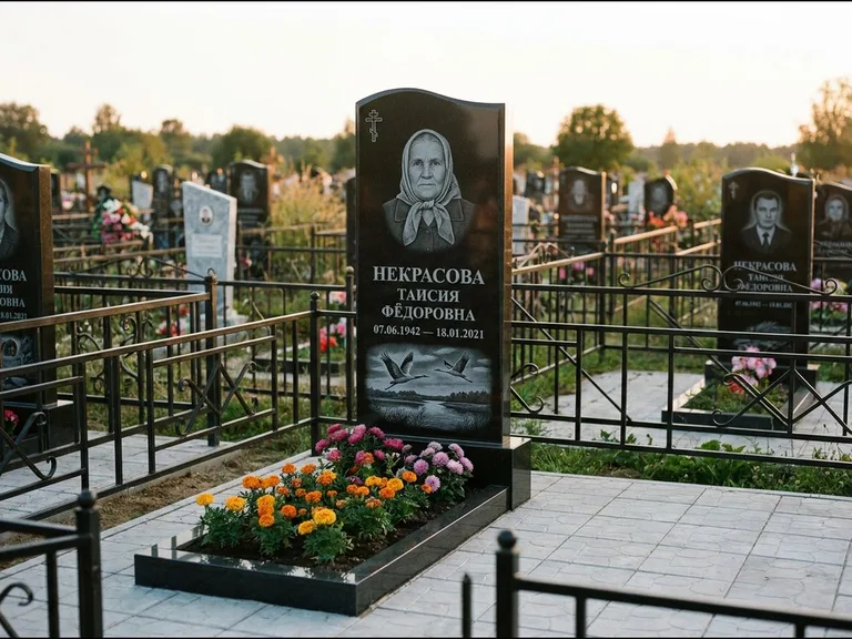 Памятник с гравировкой журавлей — гравировка пары журавлей над гладью озера в нижней части, работа «Некрасова» в Новосибирске