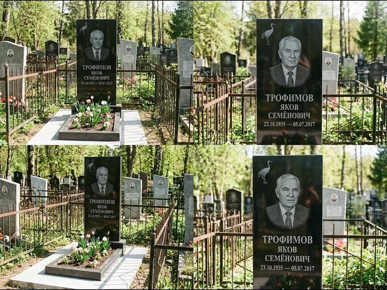 Памятник с гравировкой журавлей — гравировка одиночного летящего журавля над портретом, работа «Трофимов» в Новосибирске