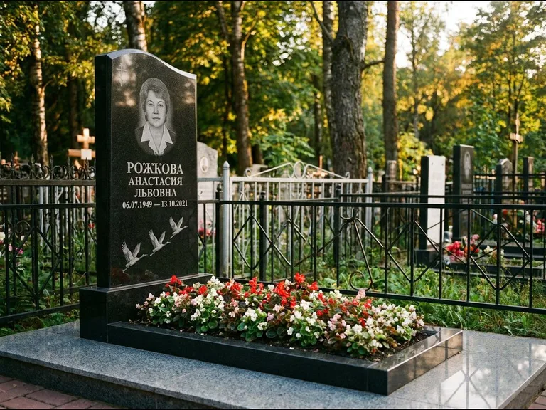 Памятник с гравировкой журавлей — гравировка трёх журавлей по диагонали через свободное поле с, работа «Рожкова» в Новосибирске