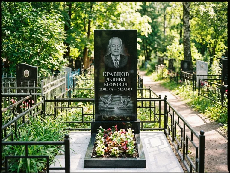 Памятник с гравировкой журавлей — гравировка пары журавлей над гладью озера в нижней части, работа «Кравцов» в Новосибирске