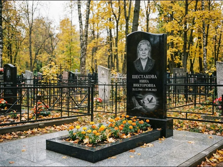Памятник с гравировкой журавлей — гравировка клина журавлей на фоне солнечного диска, работа «Шестакова» в Новосибирске