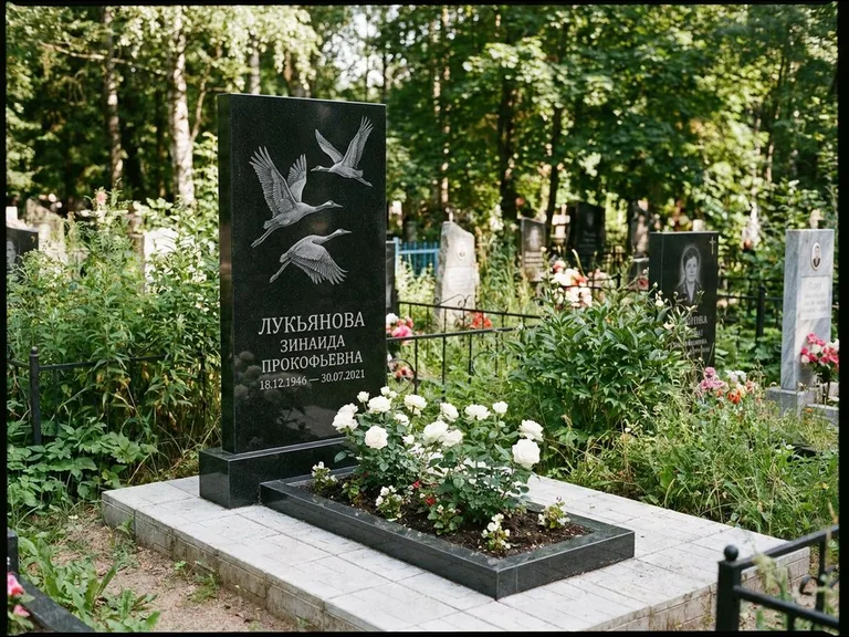 Памятник с гравировкой журавлей — гравировка журавлей, работа «Лукьянова» в Новосибирске