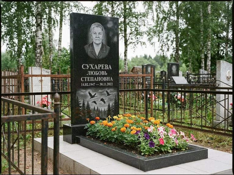 Памятник с гравировкой журавлей — гравировка силуэтов журавлей над еловым лесом, работа «Сухарева» в Новосибирске