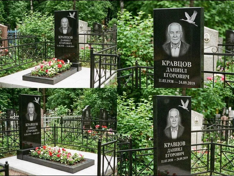 Памятник с гравировкой журавлей — белая гравировка клина журавлей, уходящего в верхний угол ст, работа «Кравцов» в Новосибирске