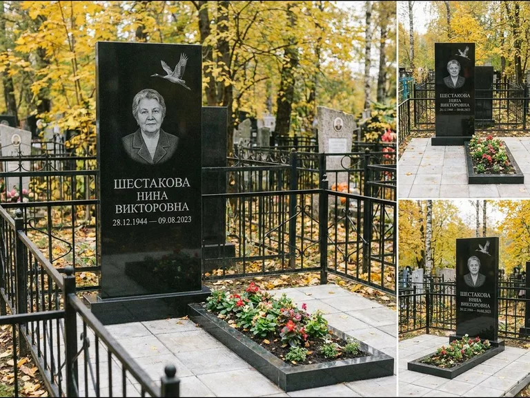 Памятник с гравировкой журавлей — гравировка одиночного летящего журавля над портретом, работа «Шестакова» в Новосибирске