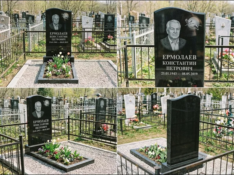 Памятник с гравировкой журавлей — гравировка клина журавлей на фоне солнечного диска, работа «Ермолаев» в Новосибирске