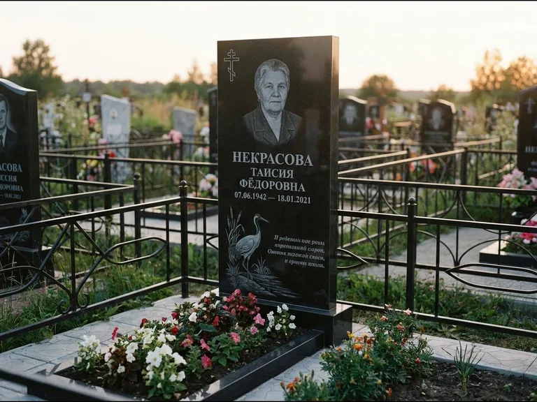 Памятник с гравировкой журавлей — гравировка журавля у камышей рядом с эпитафией, работа «Некрасова» в Новосибирске