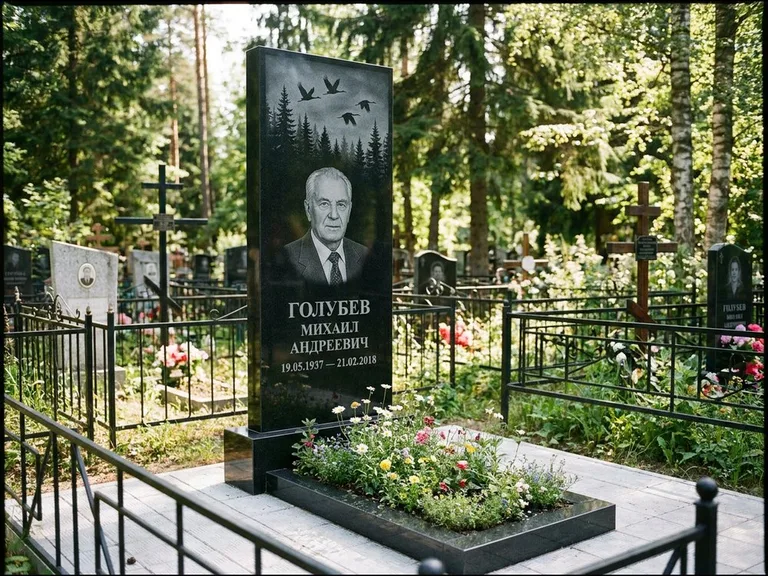 Памятник с гравировкой журавлей — гравировка силуэтов журавлей над еловым лесом, работа «Голубев» в Новосибирске