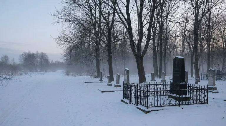 Мастер мастерской «Мастер Каменев» устанавливает гранитный памятник на кладбище в Сургуте
