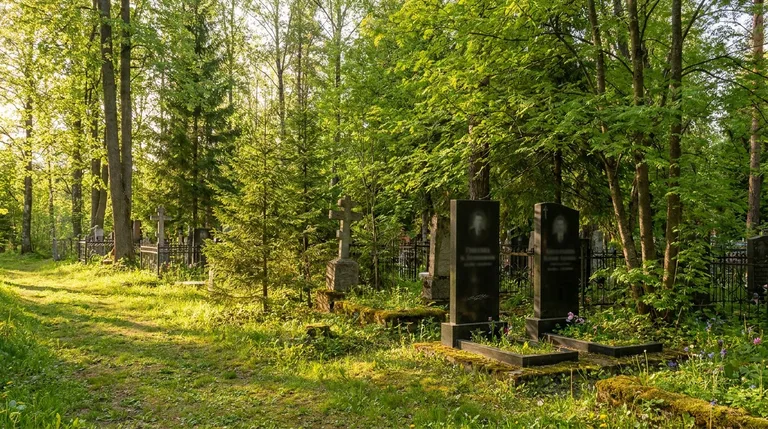 Мемориальные кресты и плиты на Немецком кладбище в Рязани