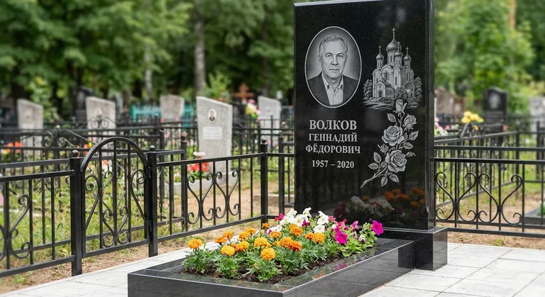 Памятник с художественной гравировкой, Пример гранитного памятника работы мастерской «Мастер Каменев»