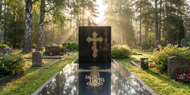 Гравировка креста на памятнике в Новосибирске — православный восьмиконечный крест на граните