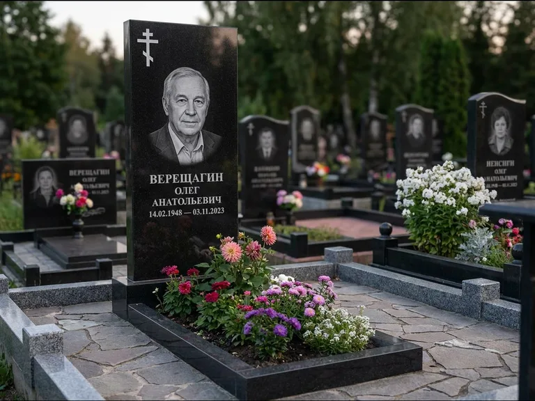 Памятник из чёрного гранита — горизонтальная плита-стела с православным восьмиконечным крестом, работа «Тихонов» в Новосибирске