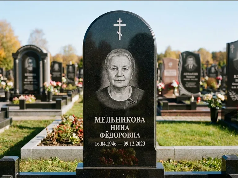 Памятник из чёрного гранита — стела с резным навершием с латинским крестом, работа «Савельева» в Новосибирске