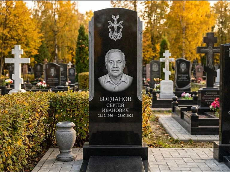 Памятник из чёрного гранита — круглая стела-медальон с армянским хачкаром, работа «Ковалёв» в Новосибирске